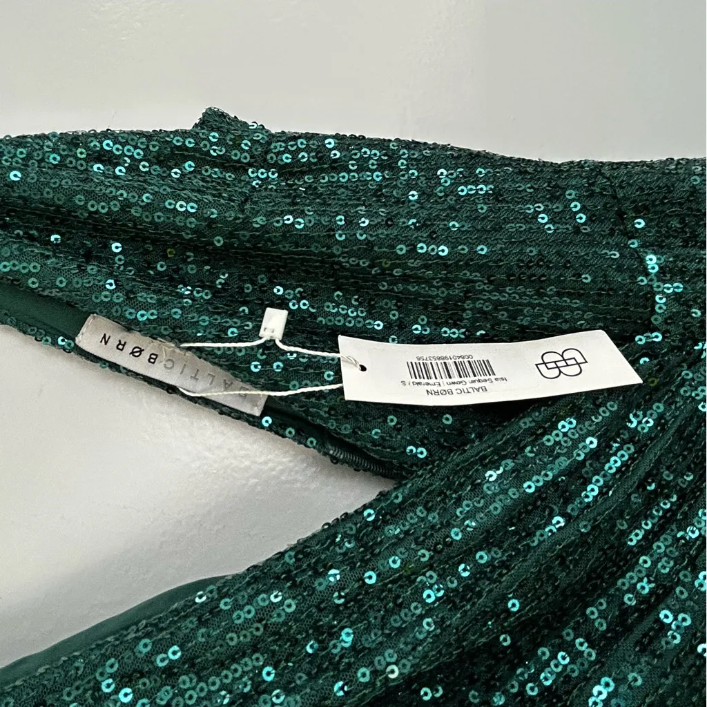 NWT Baltic Born One Shoulder Green Sequin High Slit Maxi Dress Gown Size Small - Image 7