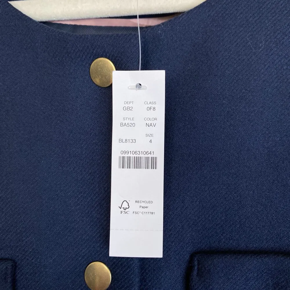 NWT J. CREW Relaxed Lady Jacket Double Serge Navy Blue x Gold Collarless Wool 4 - Image 7