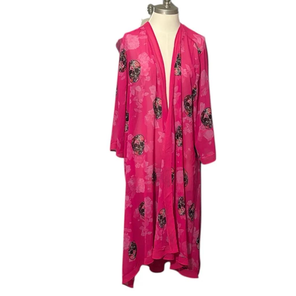 Torrid 1 1X Long Chiffon Kimono Hot Pink With Skulls - Image 2