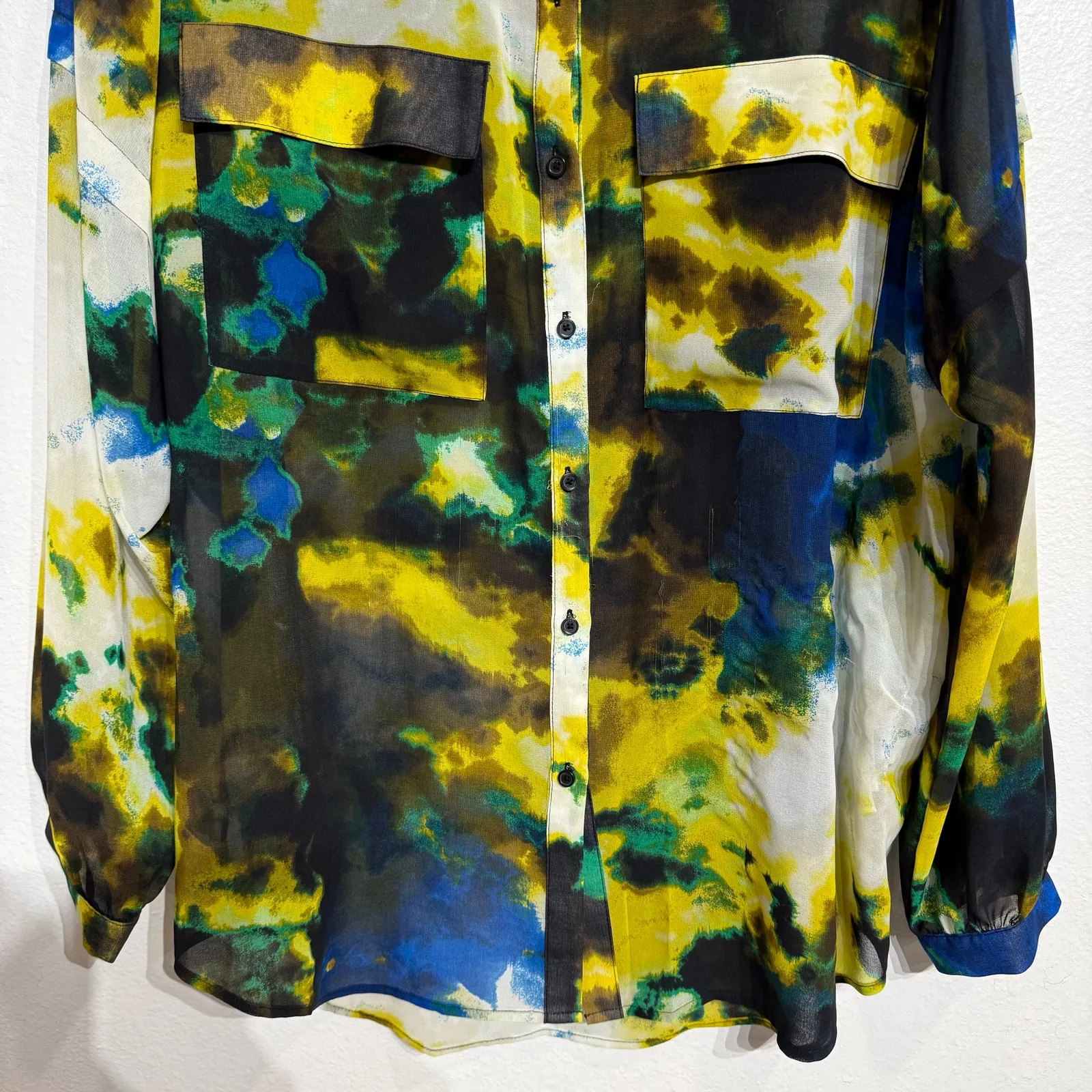 DKNY Black Sheer Cloud Print Button Down Blouse Sz L - Image 4