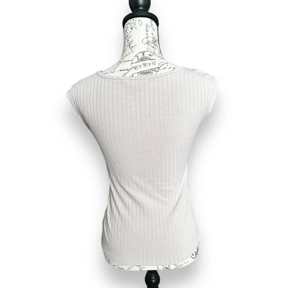 Ann Taylor Petite Women's Beige Cream Ribbed Cap Sleeve Tank Top Size XXSP - Image 2