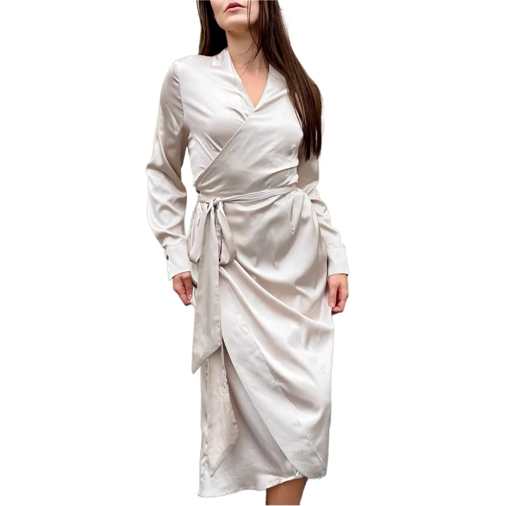 Never Fully Dressed by ASOS Champagne Satin Midi Wrap Shirt Dress Size 8 Gold - Image 4