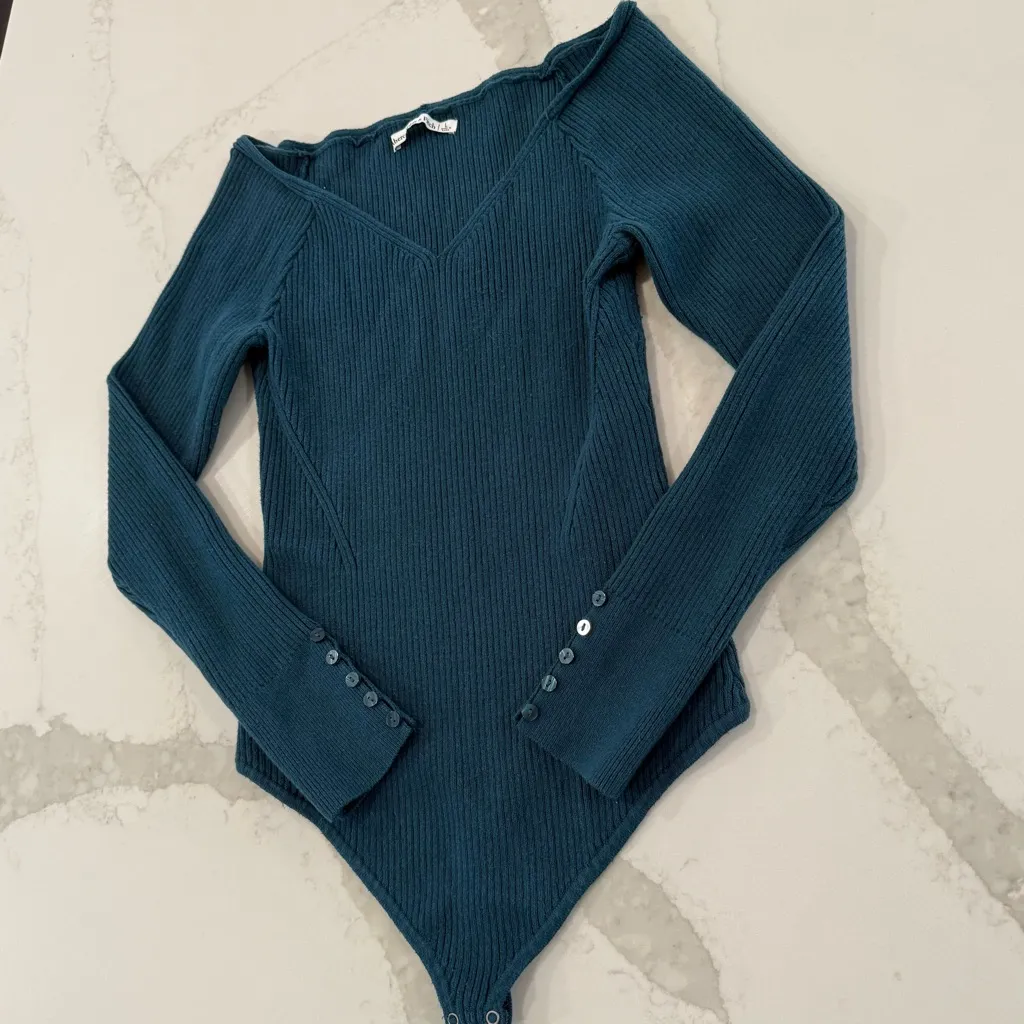 Abercrombie & Fitch Ribbed V-Neck Knit Sweater Body Suit Women’s Large Teal Blue - Image 2