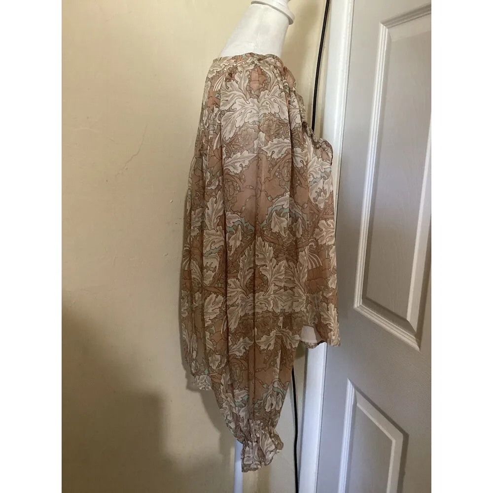 Bishop & Young Tan Floral Sheer Long Sleeve Blouse Boho Peasant S - Image 3