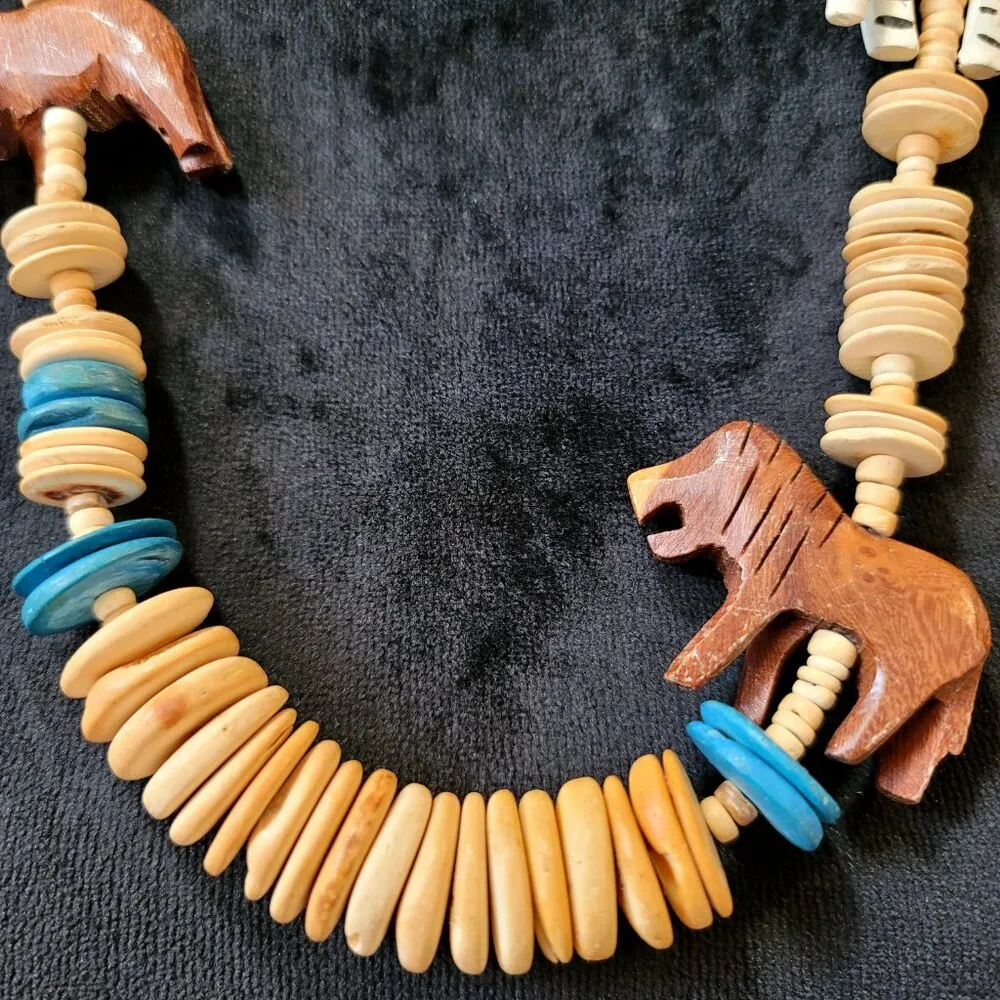 Womens Multicolor Wood African Safari Animal Necklace Jewelry with Barrel Clasp Brown - Image 3