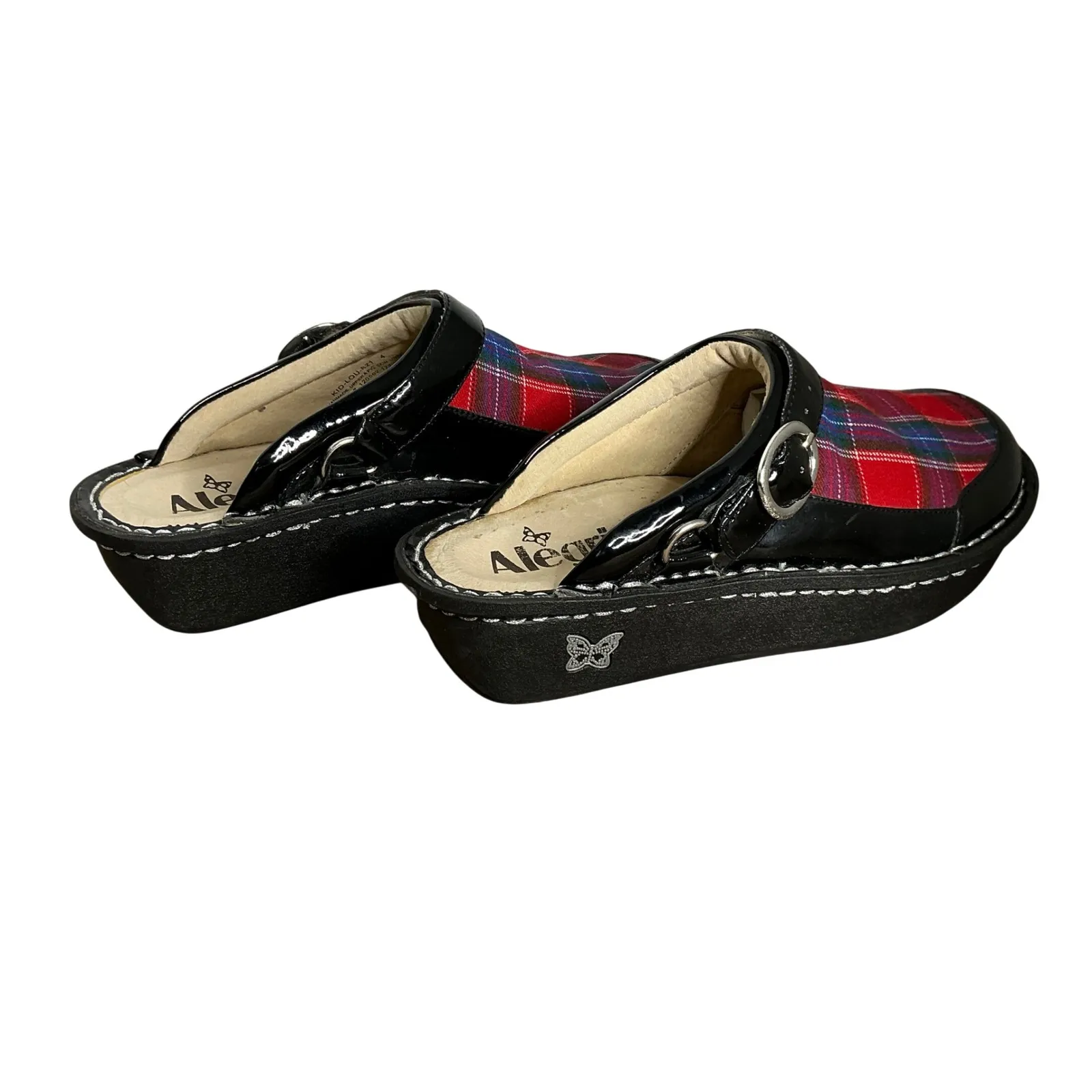Alegria Clogs Tartan Plaid Patent Leather Slip On Platform Mules Black Red Sz 4 - Image 3