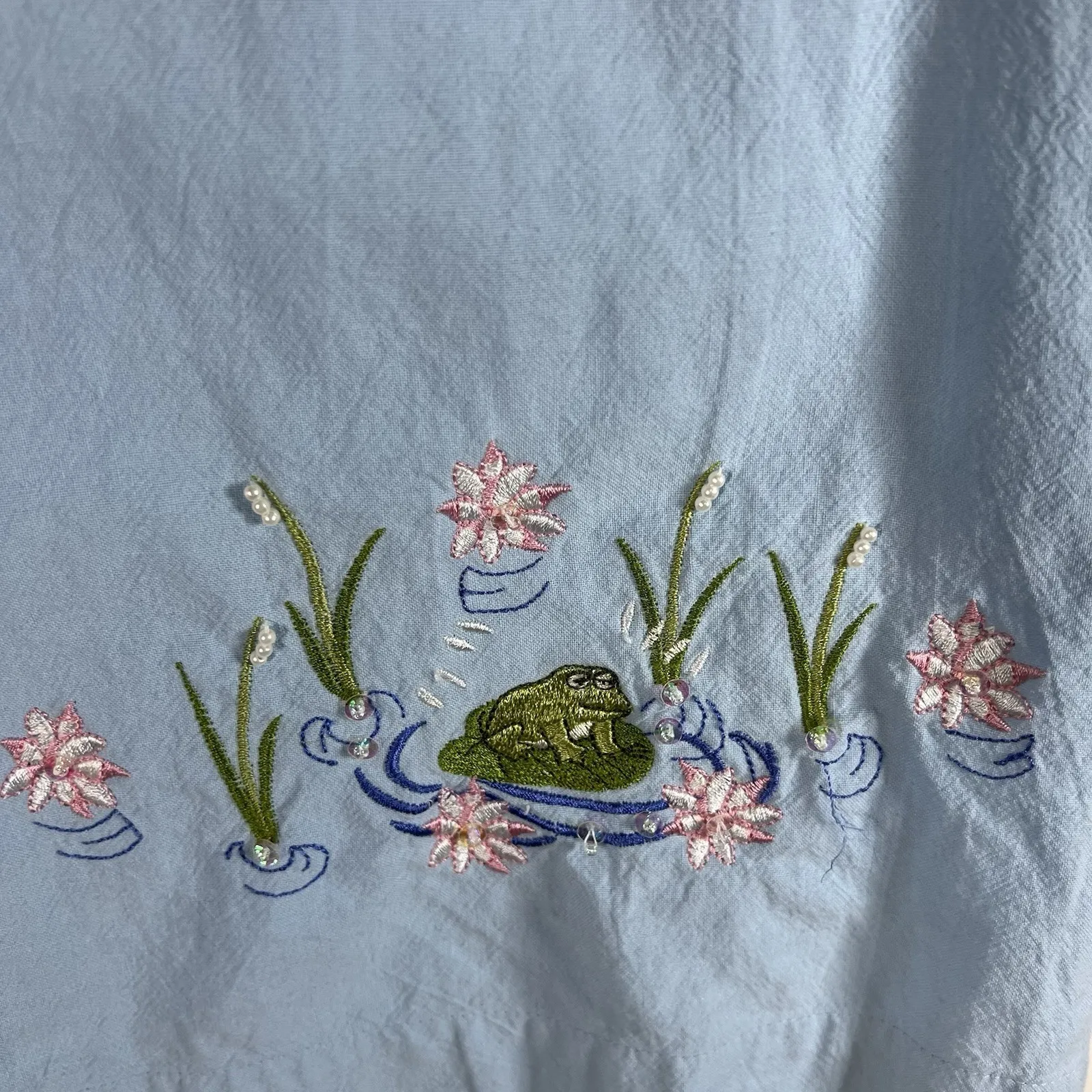 Jane Ashley Blue Floral Frogs Embroidered Y2k 90s Top Button Up XL Shirt Sequins - Image 4