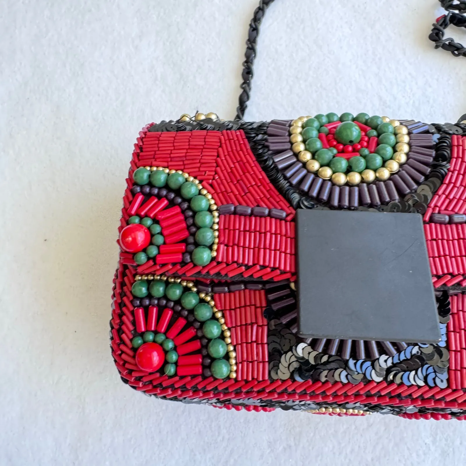 Purificación García Beaded Crossbody Clutch Red Green Boho Statement Bag Black - Image 13