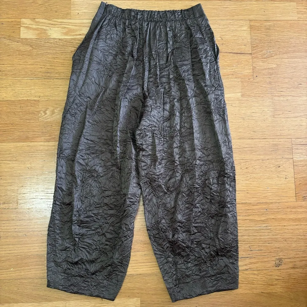 Ozai N Ku Satin Feel Lagenlook Cropped Preppy Side Zip Pockets Barrel Pants S Brown - Image 7