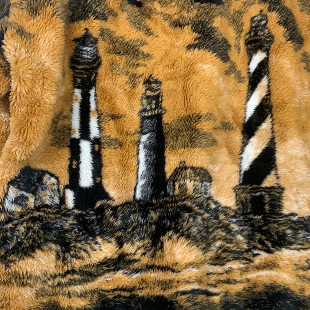 Whimzicals size large USA Lighthouse Print Fleece Jacket zip up long sleeve Brown - Image 11