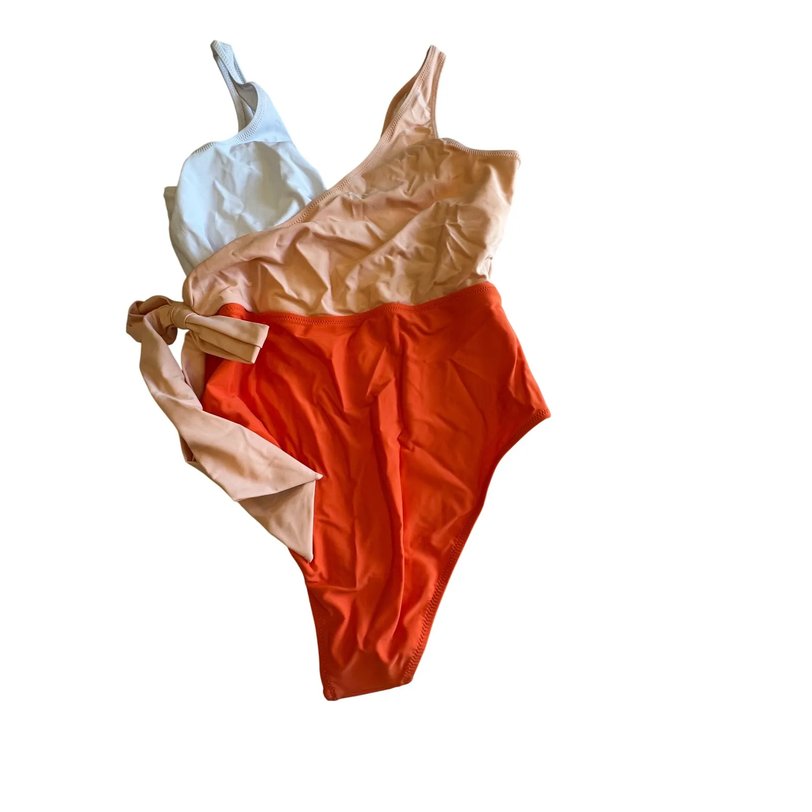 Cupshe-Colorblock One Piece Swimsuit White Orange Pink Tie‎ Bathing Suit - Image 4