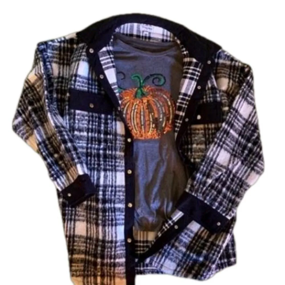 Plaid Shirt Jacket Shacket Ladies Large Black and White Relaxed Fit Multiple - Image 12