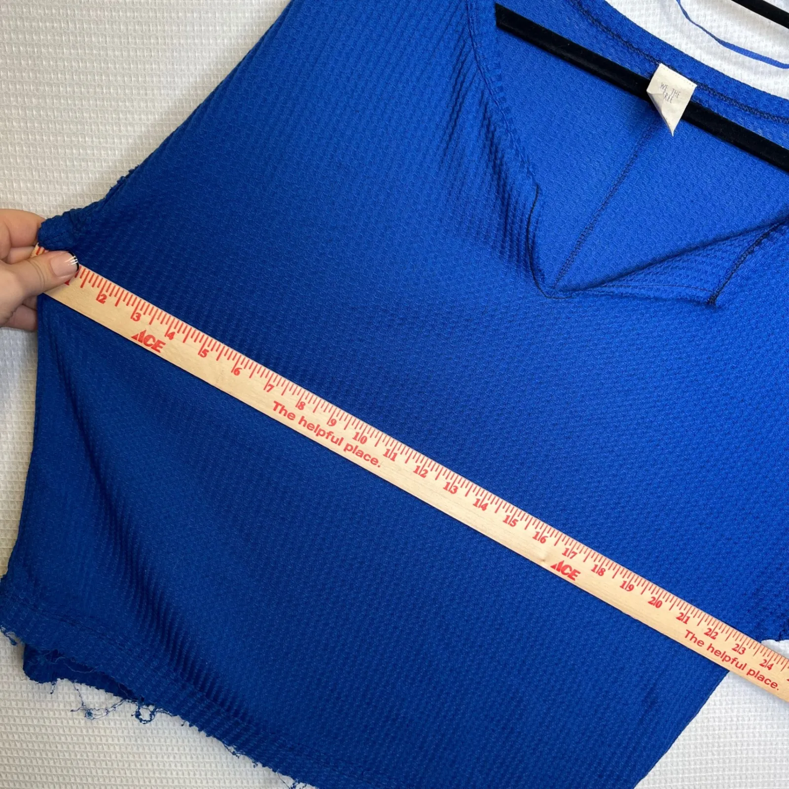 We The Free Royal Blue Waffle Knit Bell Sleeve V Neck Raw Hem Top Size M - Image 7