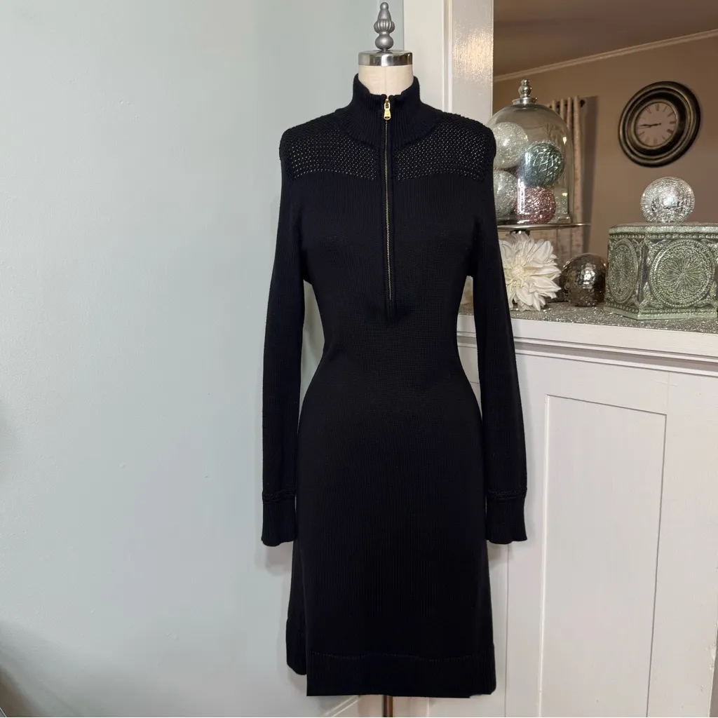 Ralph Lauren Rack Stitch Mockneck Sweater Dress Black Cotton Size Medium - Image 5