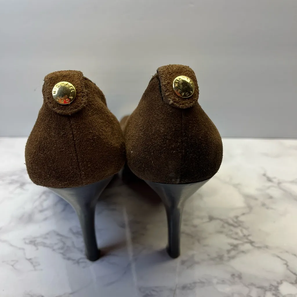 Michael Kors Brown Suede Peep Toe Pumps Heels 8M Gold Insole Wood Heel Size 8 - Image 3