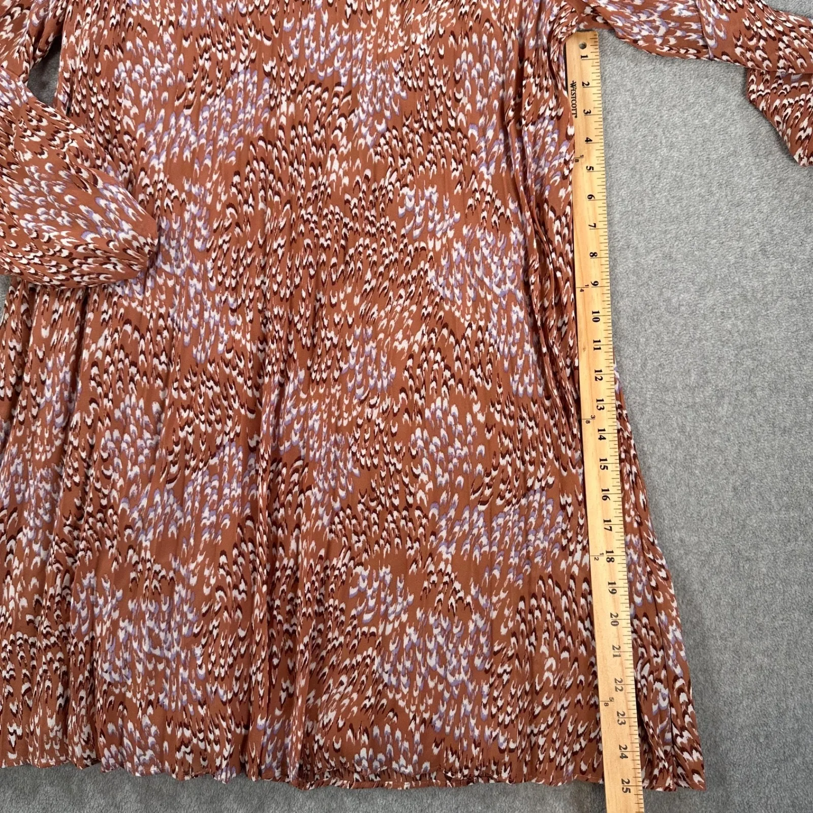 Nine West Pleated V-Neck Shirt Dress Women's Large Collared Brown Sheer Sleeves - Image 5