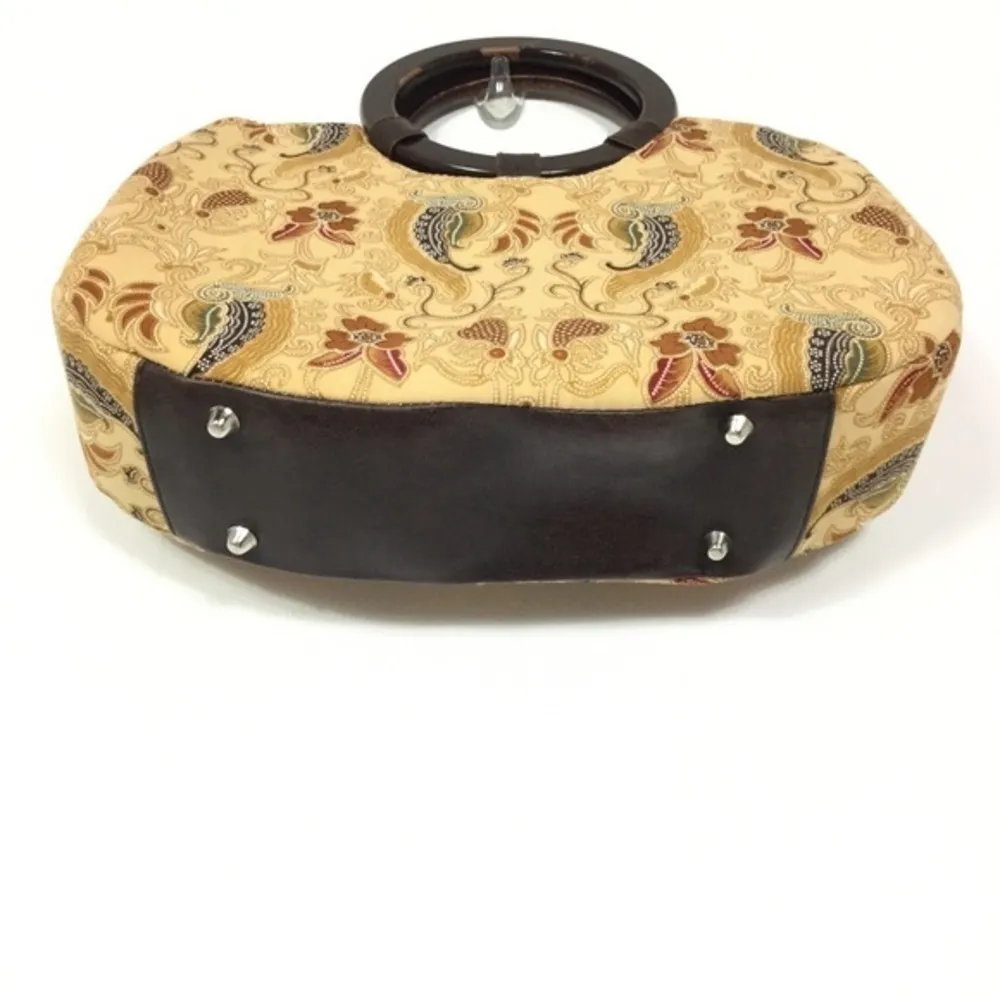 Vintage Braciano clutch women’s beaded paisley floral round‎ wooden handle bag Tan - Image 4