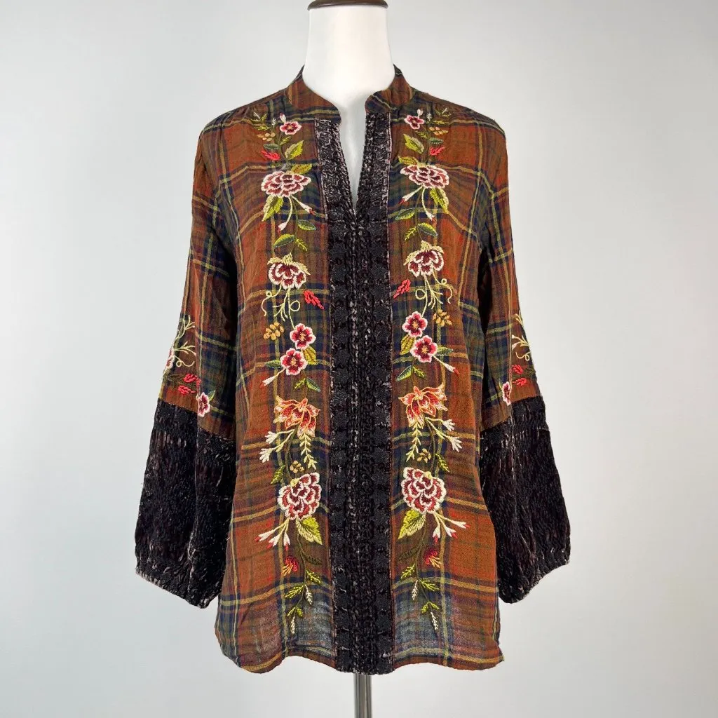 NWOT Johnny Was Silk Velvet Cotton Plaid Embroidered Floral Shirt Blouse S - Image 2