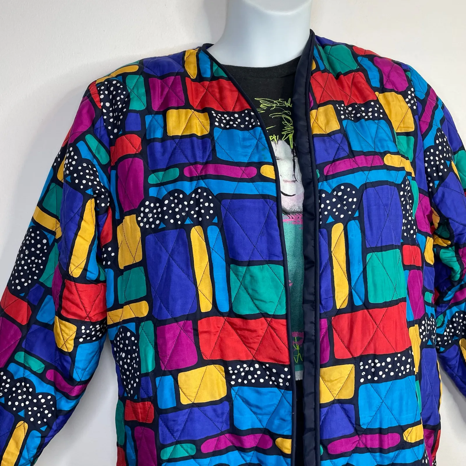 Vintage Rhoda Lynne Quilted Silk Open Jacket 90s Colorful Oversized Womens S Blue - Image 4