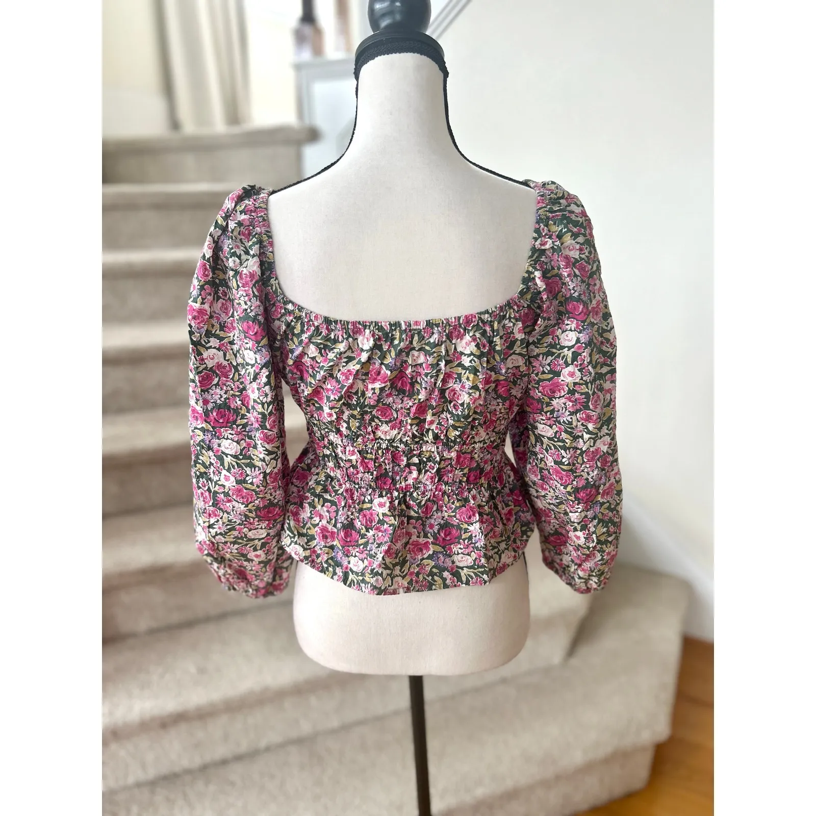 Mango Pink Cottagecore Floral Coquette Shirred Elastic Waist Puff Sleeve Blouse - Image 2