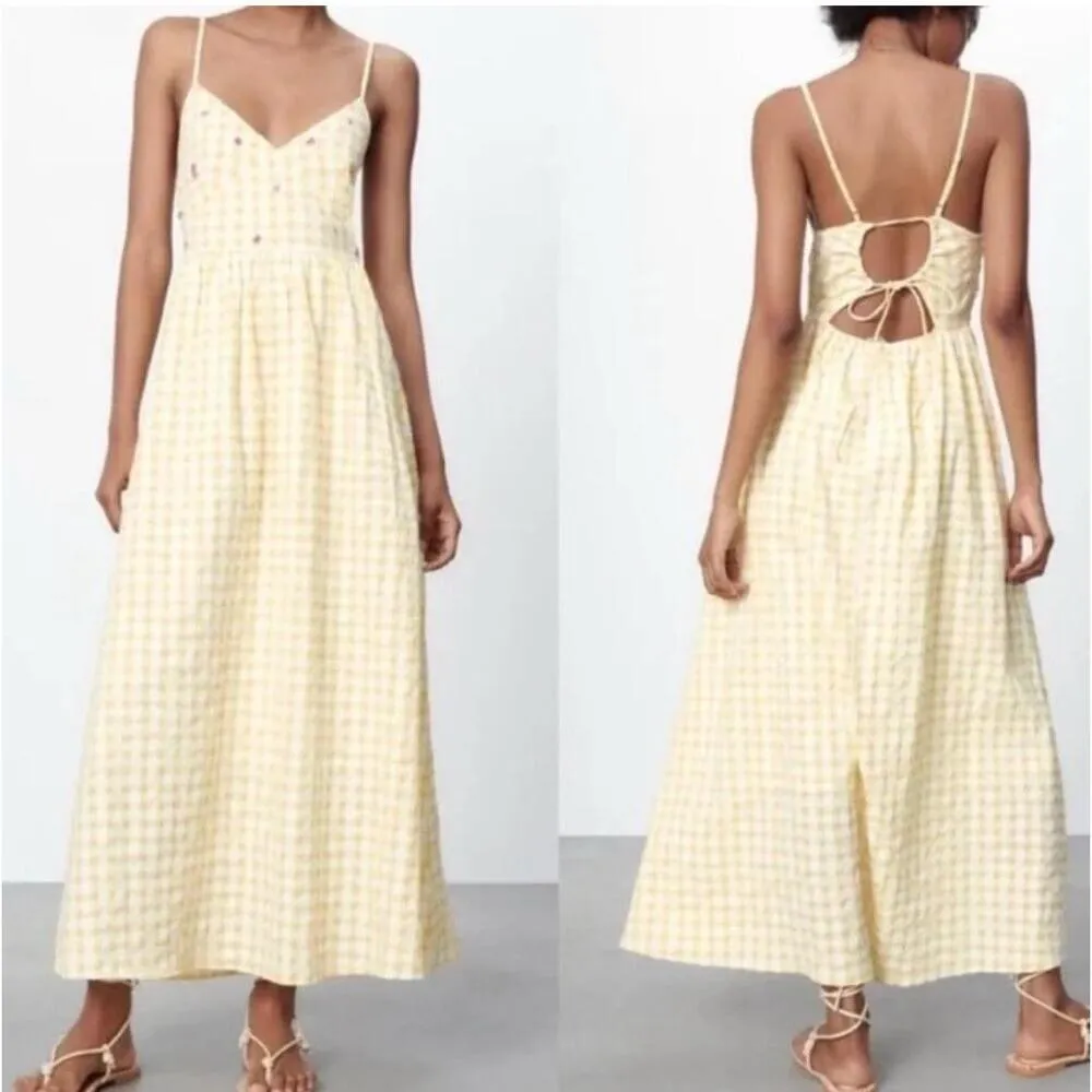 NWT ZARA Gingham Maxi Dress Yellow White Beaded Open Back XXLarge - Image 2