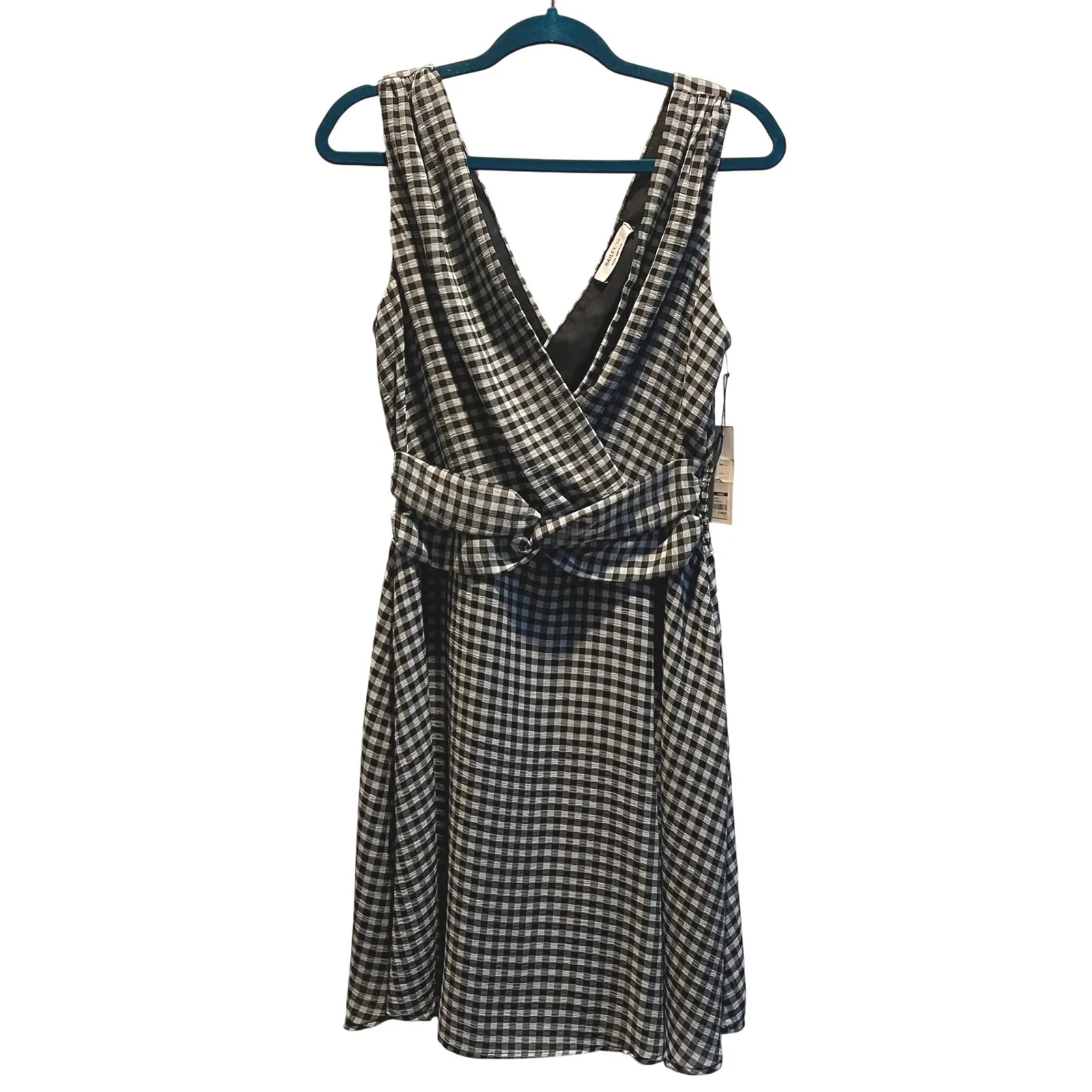 BAILEY 44 Black White Gingham V Neck Twist Knot Smocked Waist Midi Dress Medium - Image 3