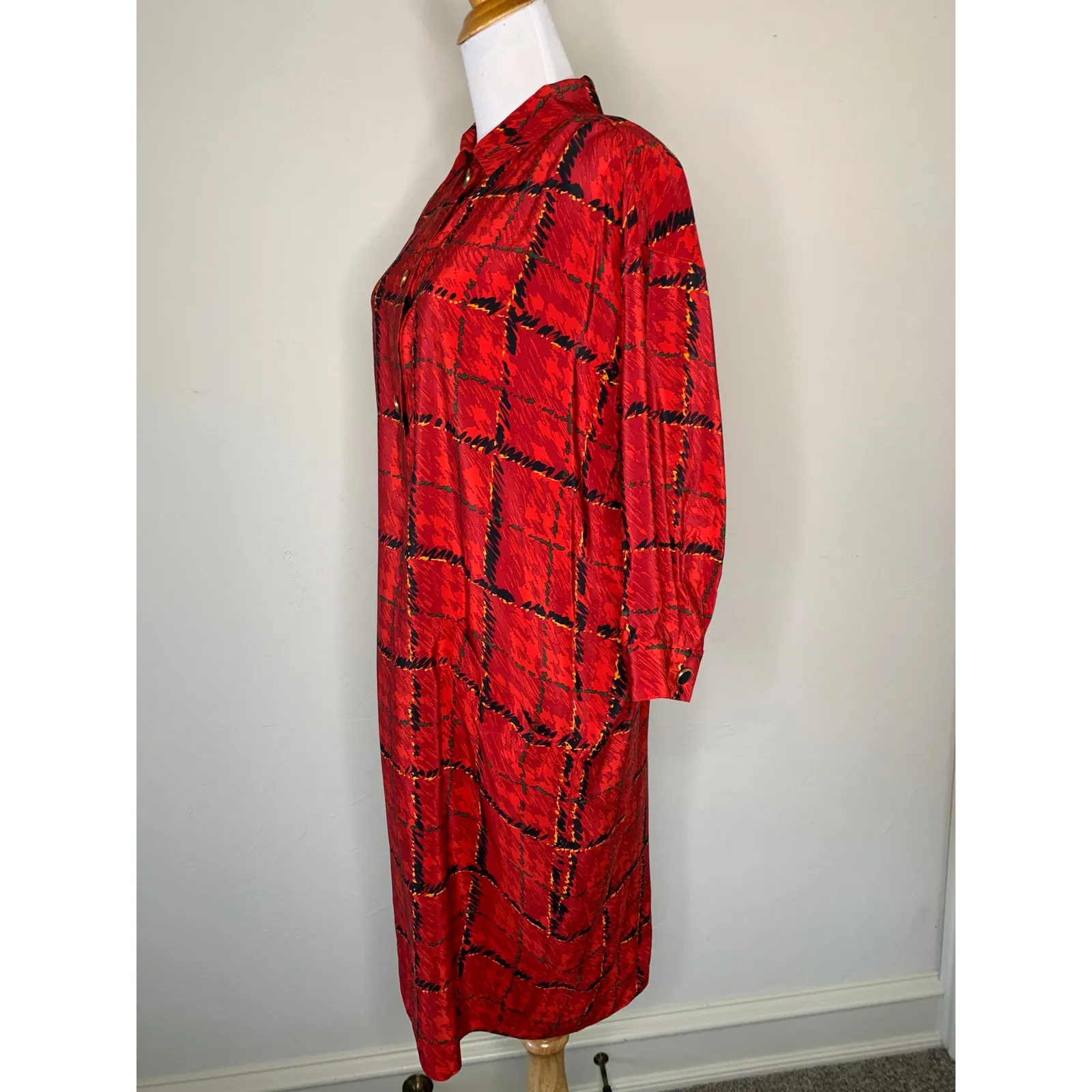 100% Silk Vintage Plaid Shift Dress 3/4 Sleeve 90s Career Indie Sz 8 Red - Image 3