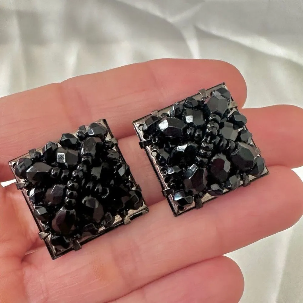 Liz Claiborne black square cluster beaded clip earrings - Image 2
