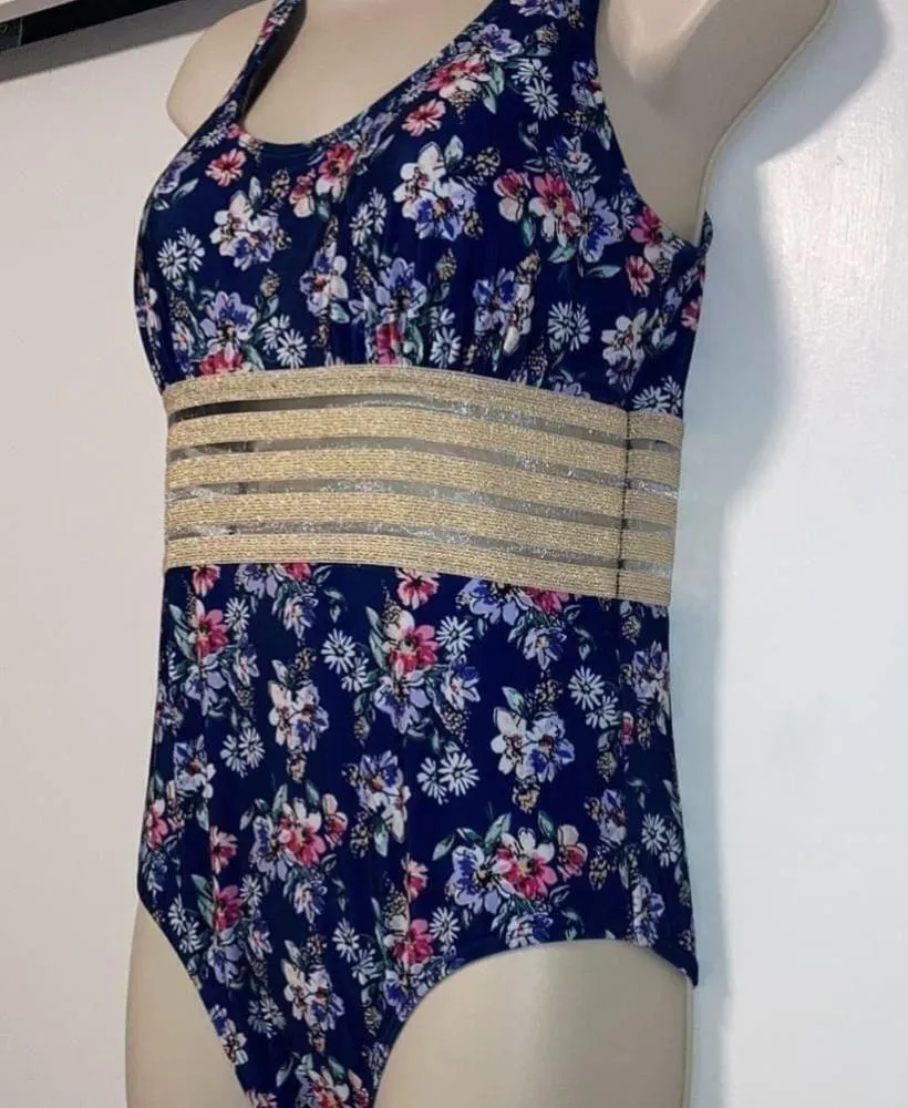 Nicole Miller Trim Torso One Piece Swimsuit Blue Floral Women’s Medium M - Image 4