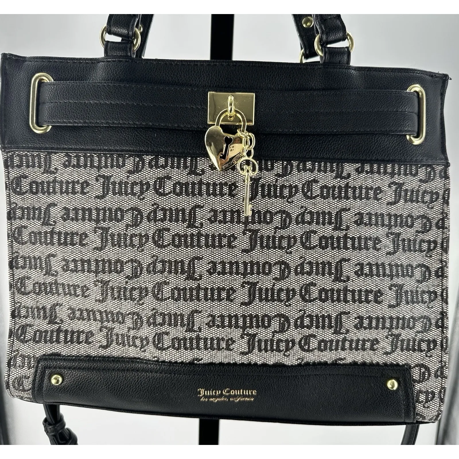 Juicy Couture Black Monogram Tote Shoulder Bag Gold Heart Lock Key Charm Purse - Image 2