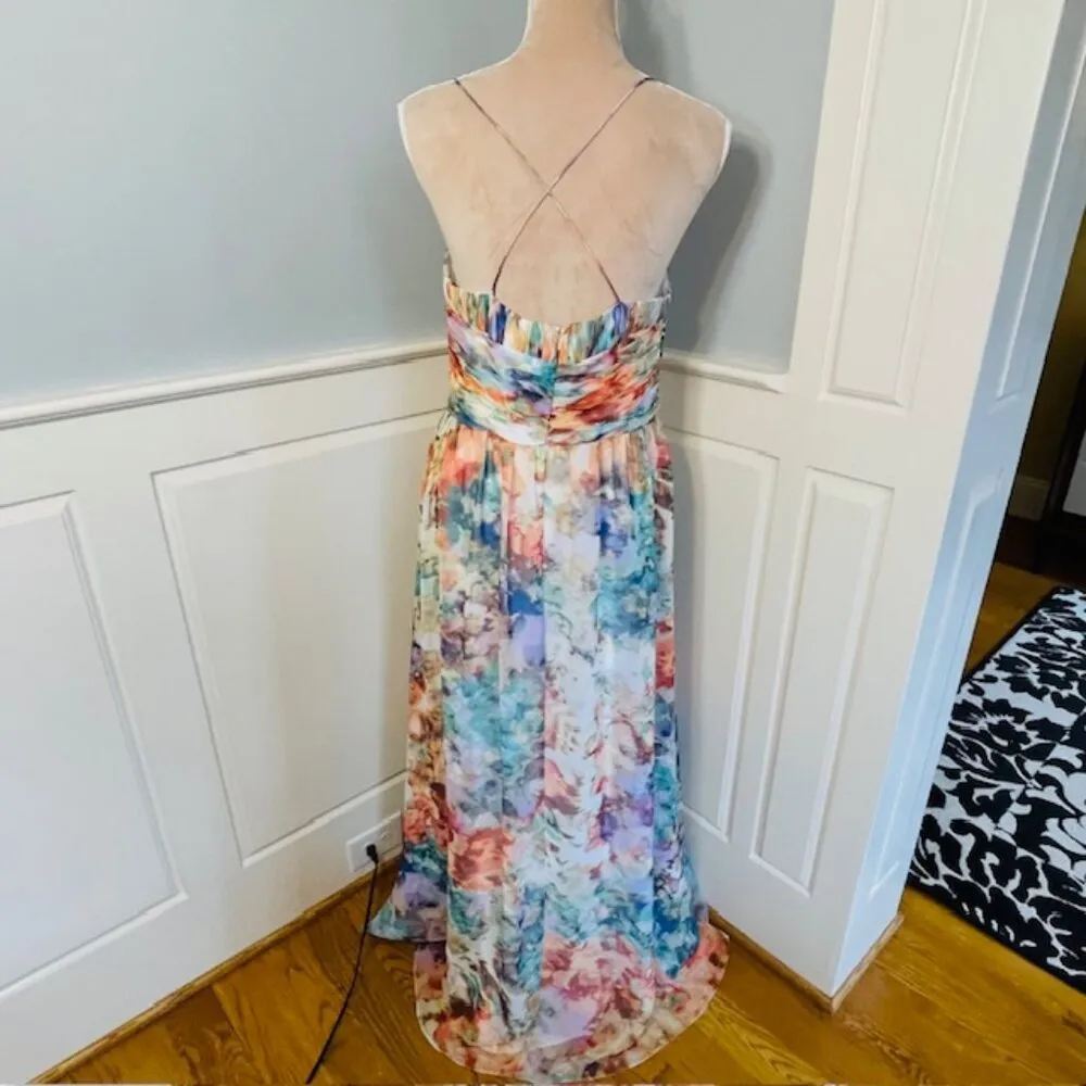 Aidan Mattox Watercolor Cutout Chiffon Maxi Gown Bridesmaid Halter Medium - Image 6