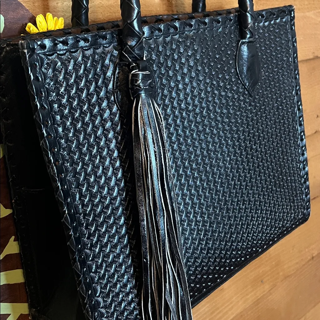 Que Chula Marcos Black Leather Handmade Woven XL Tote Purse Braid Tooled Mexico - Image 6