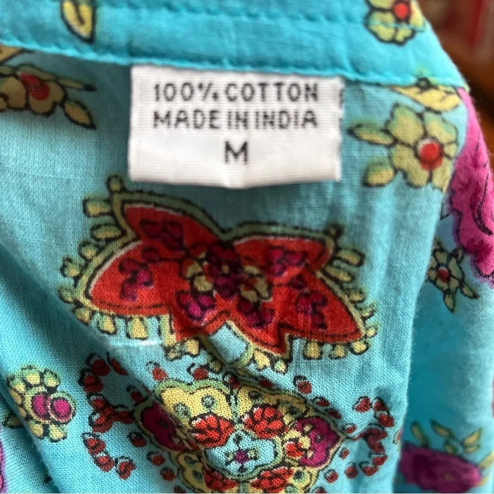 Boho Turquoise Paisley Tunic Top Medium 100% Cotton Festival V - Image 8