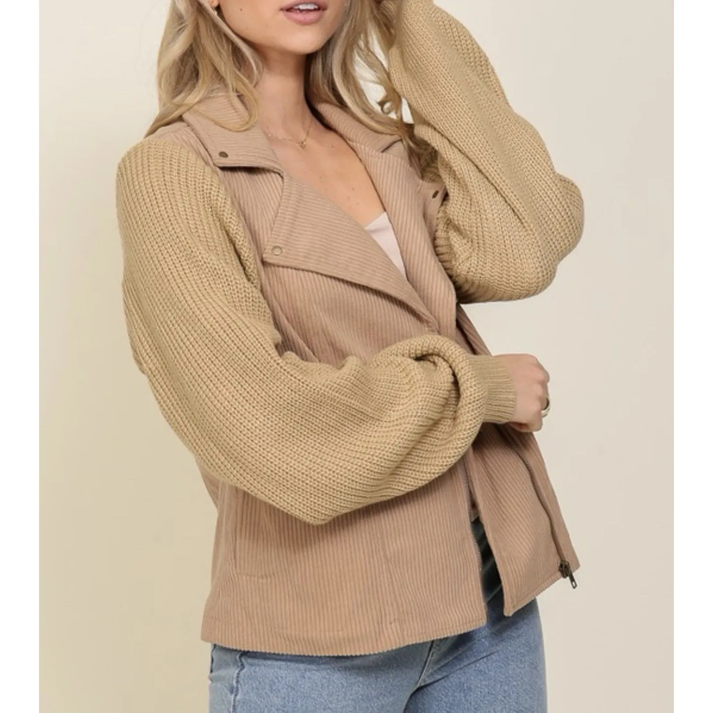 Corduroy‎ Cream sweater Moto Zipper Southern jacket Large New - Image 3