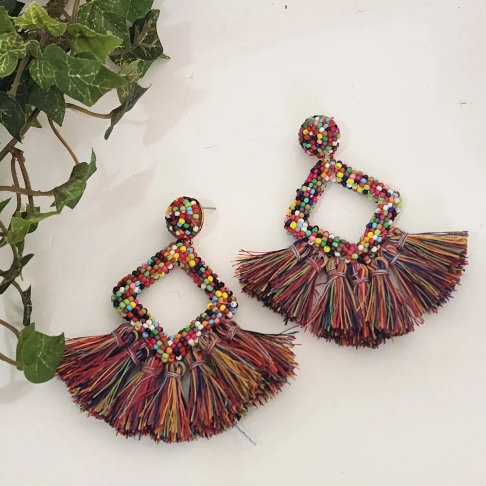 Boho Ethnic Multi Color Seed Bead and Tassel Fringe Earrings Red - Image 2