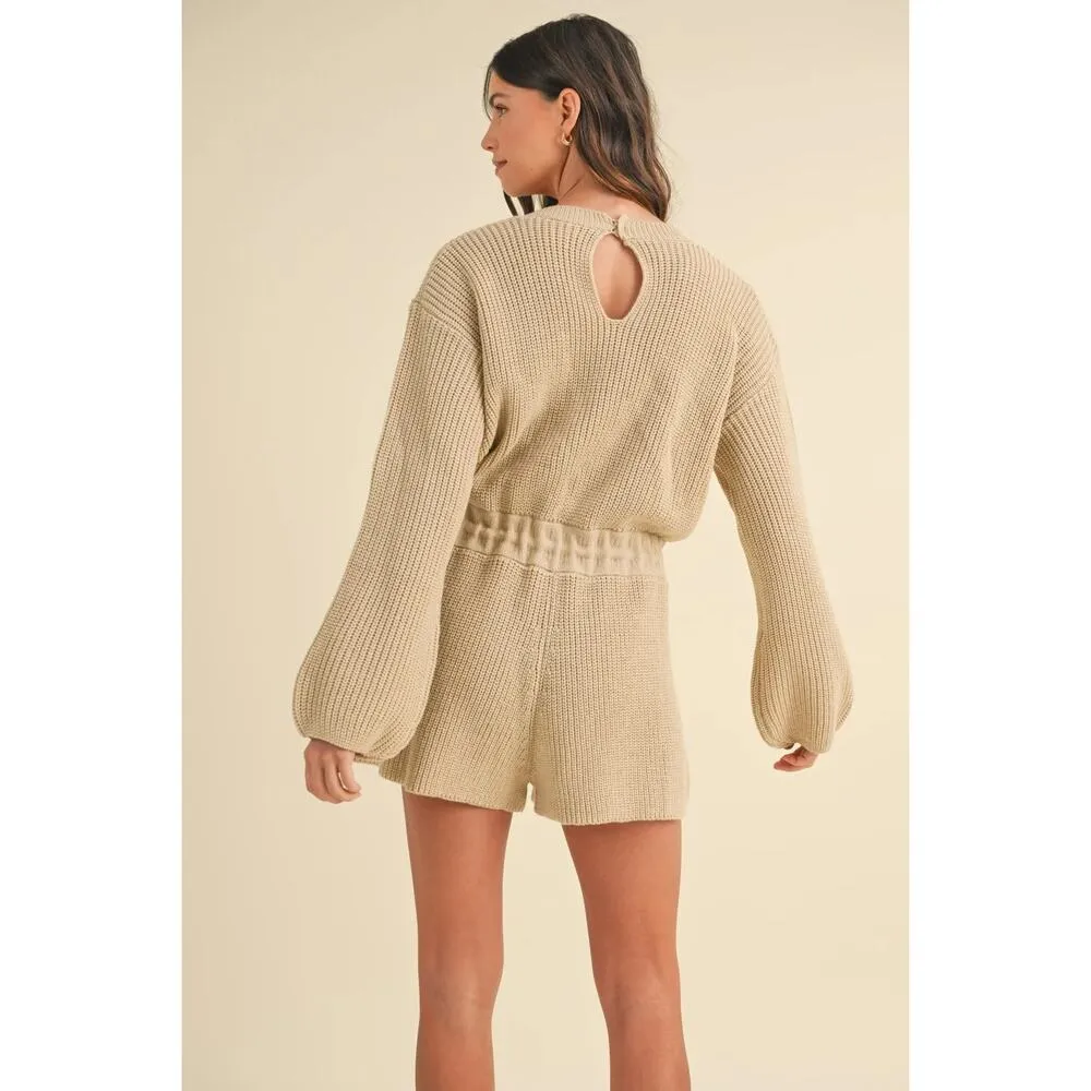Mable Beige Knit Cinched Crewneck Balloon Long Sleeves Loungewear Romper M/L Tan Size M - Image 2
