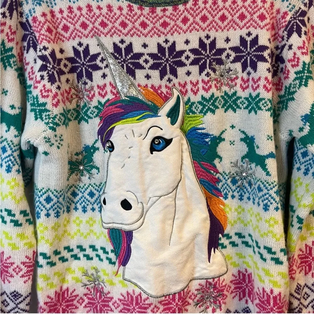 Blizzard Bay Ugly Christmas Sweater Unisex Women’s Unicorn Knit M EUC Lisa Frank White Size M - Image 3