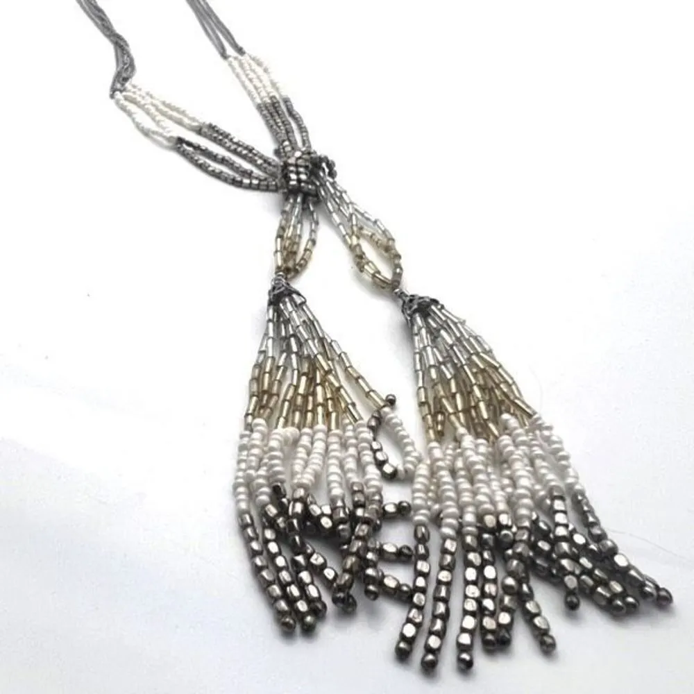 Loft‎ Beaded Fringe Long Layered Twisted Stunning Necklace Silver - Image 8