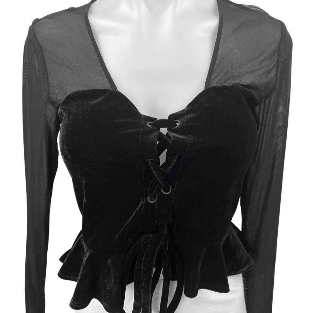 NBD Black Mesh Velour Velvet Long Sleeve Lace Up Crop Peplum Blouse Top Size S - Image 3