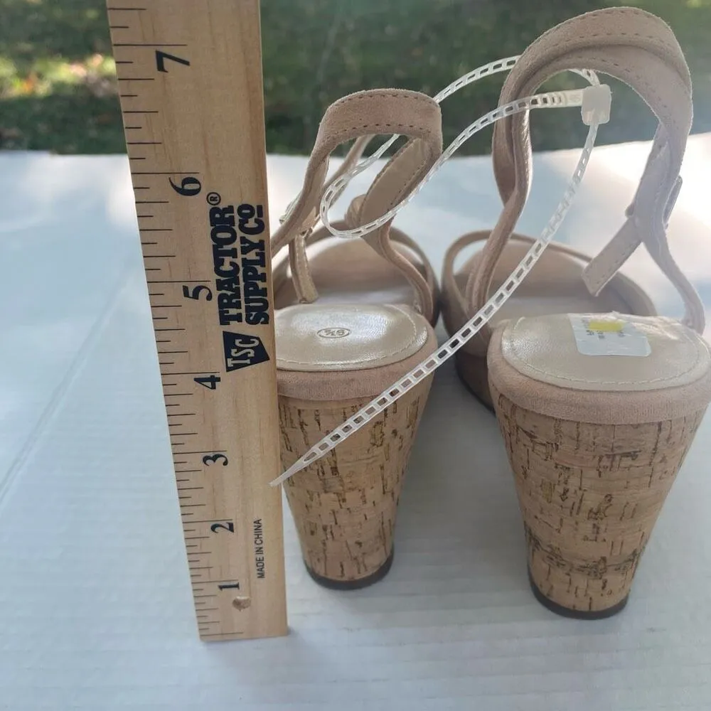 DS Women’s Faux Suede Cork Wedge Sandals Charles Style Straps Round Toe Tan Pink Size 9.5 - Image 8