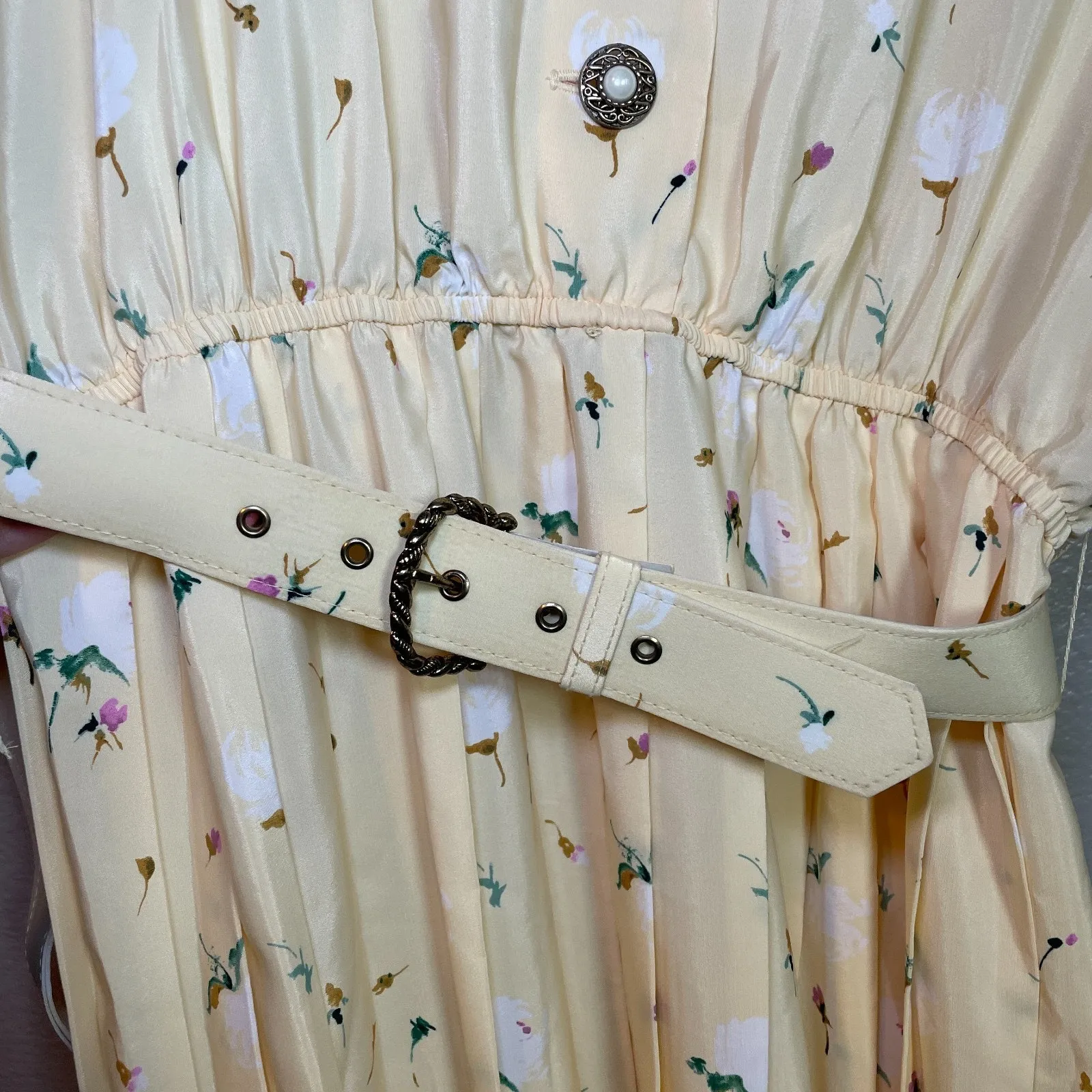 Leslie Fay Dress Vintage Size 10 Belt Midi Cottagecore Secretary Floral Yellow - Image 4