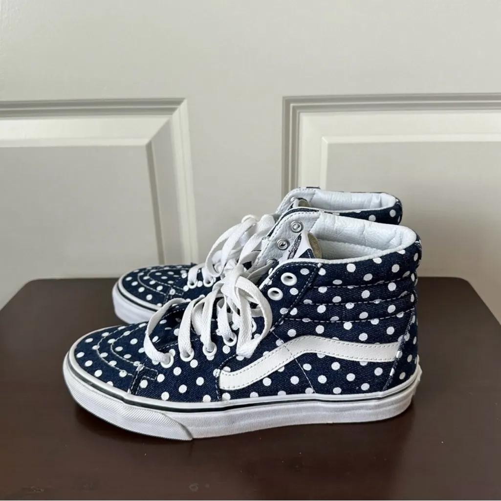 Vans High Top Blue Denim White Polka Dot Skate Shoes Sneakers Womens 7.5 Mens 6 - Image 2