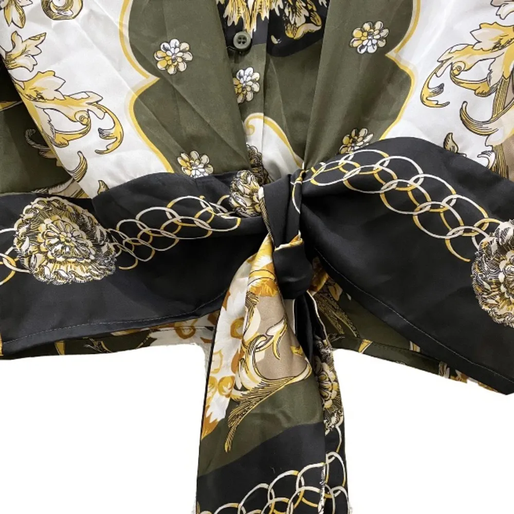 Soho NYC Green/Gold Scarf Print Front Tie Blouse S - Image 15