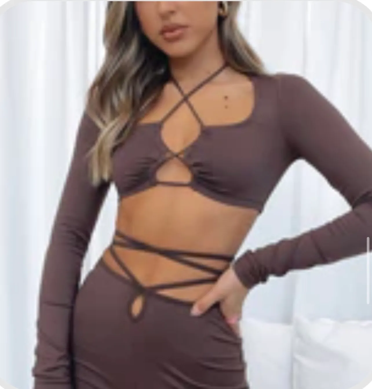 White Fox Long Sleeve Crop Top Brown - Image 2