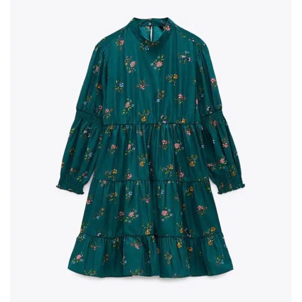 ZARA Retro Vintage Deep Emerald Green Floral Print Mini Dress - Image 3