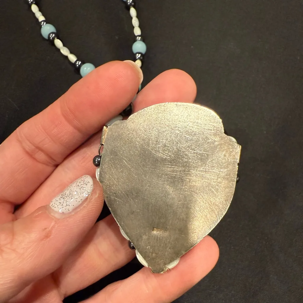 Vintage Phoenix Necklace – Handcrafted Navajo Artistry Glass and Black Pearl Blue - Image 12