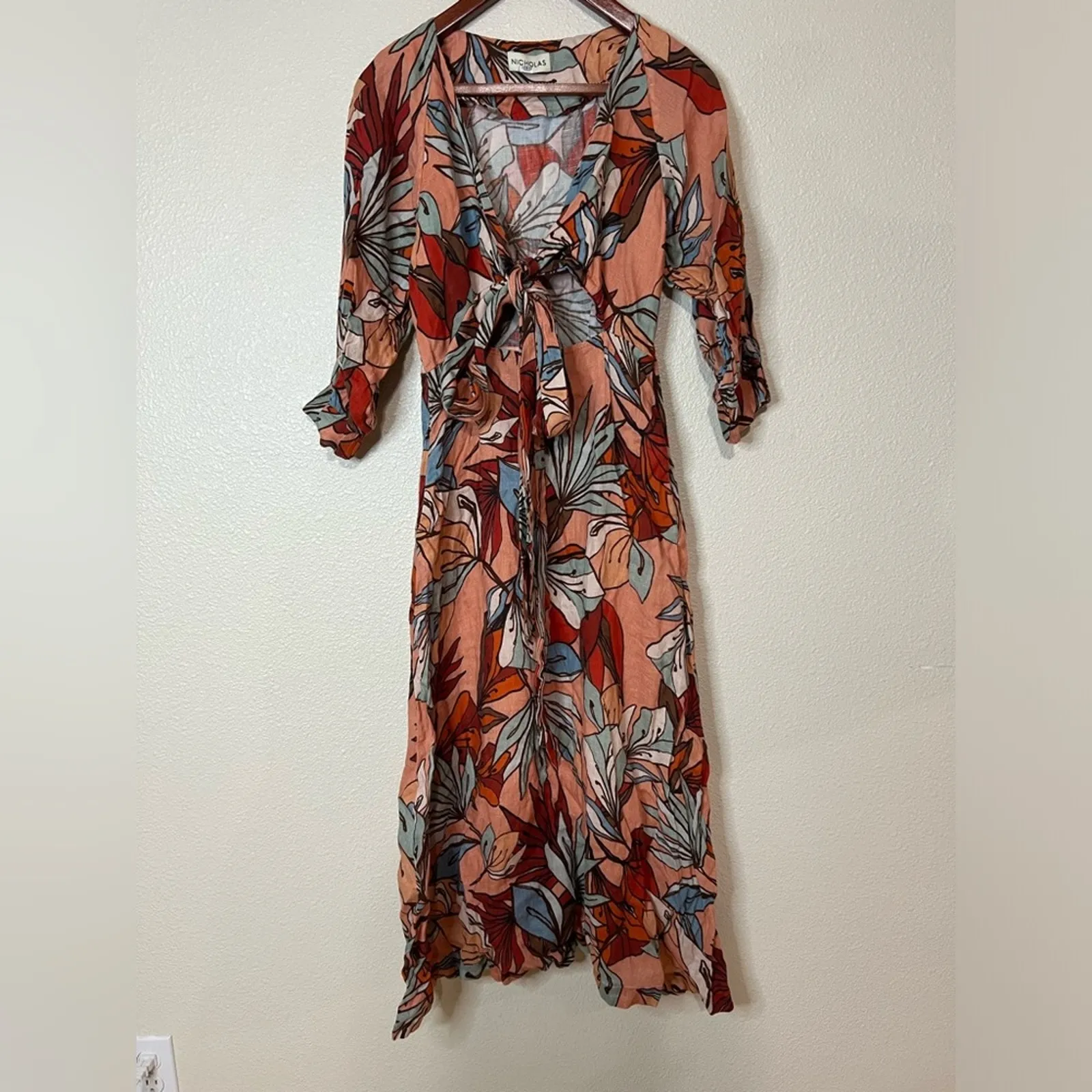 Nicholas Asilah floral linen long sleeve cutout tie midi dress 0 Pink - Image 2