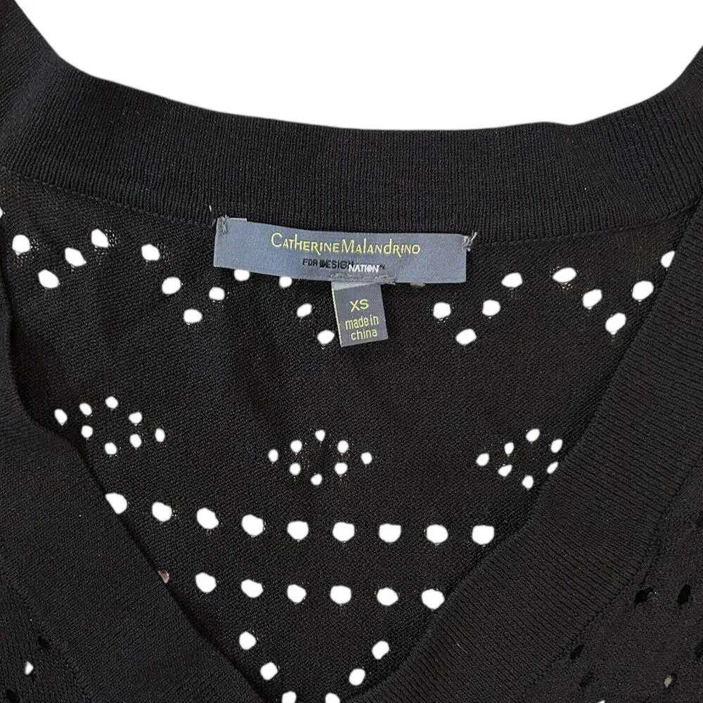 Catherine Malandrino Black Crochet Mini Dress XS Long Sleeve Knit w/ Nude Slip - Image 6