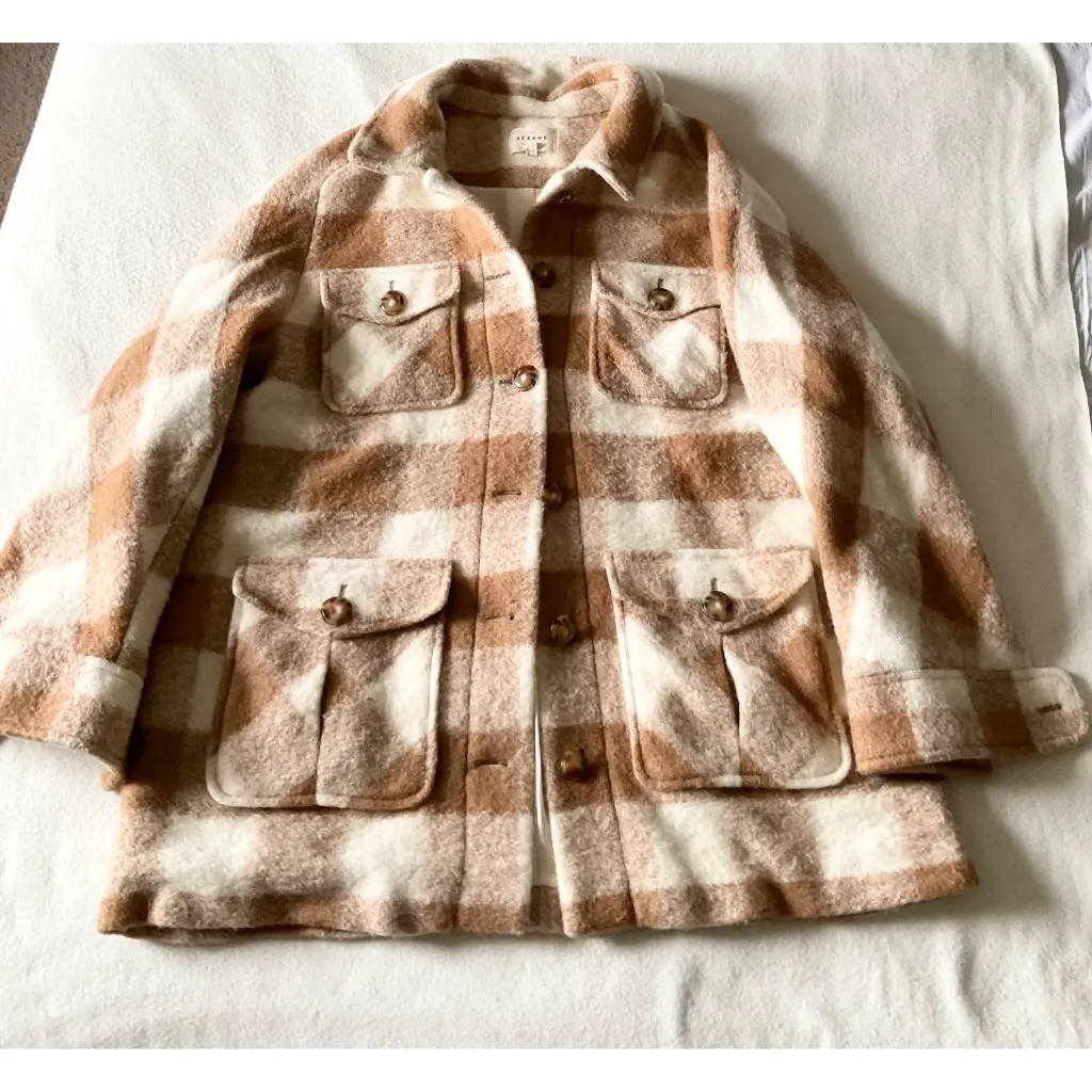 Sezane Joe coat ecru beige plaid check SZ44 US BEIGE WHITE 12 bust48in xL-xxl - Image 2