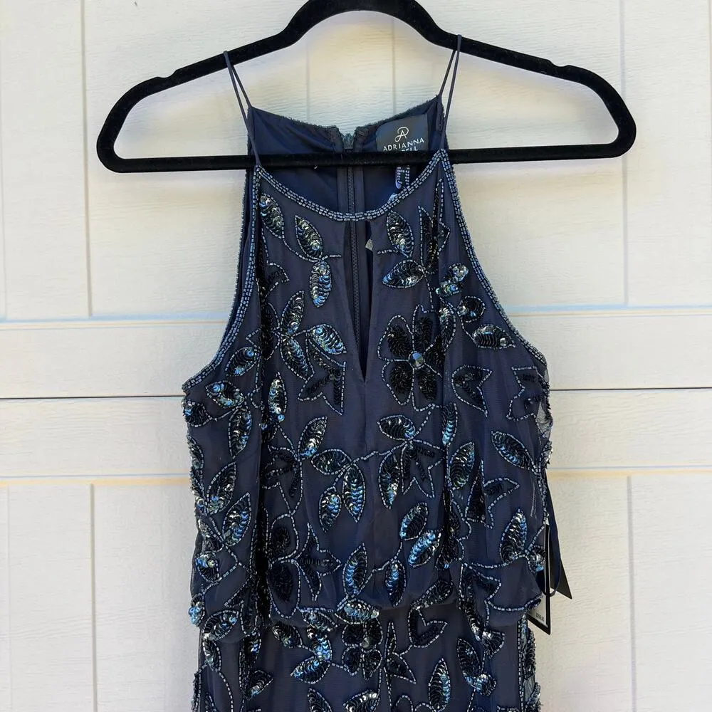 NWT Adrianna Papell Navy Twilight Floral Beaded Halter Floor Length Dress Sz 10 - Image 3